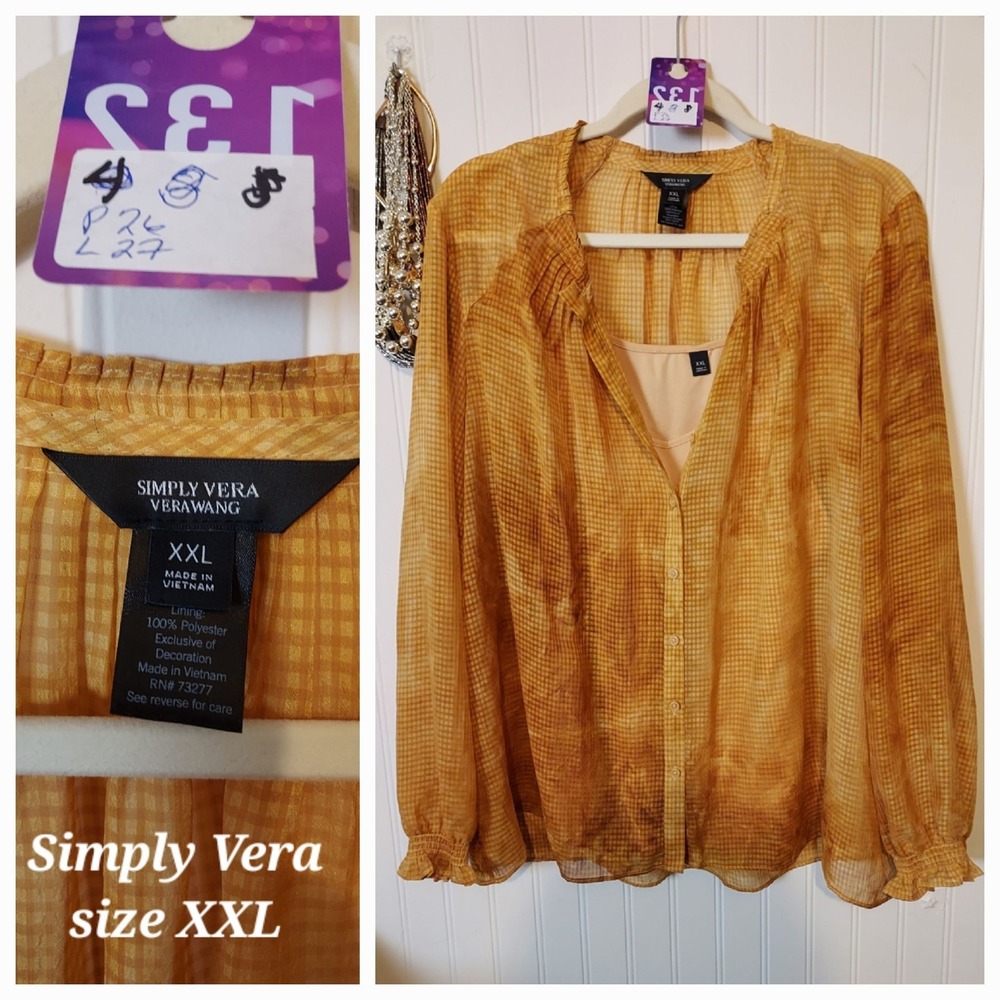 Simply Vera Vera Wang Mustard Yellow Plaid Chiffon Blouse
